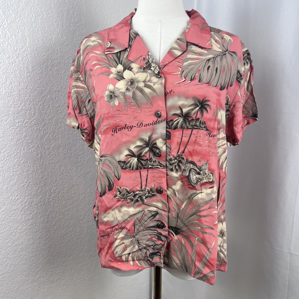Vintage Harley Davidson Top Womens XL Pink Tropical Floral Print Button Up Biker